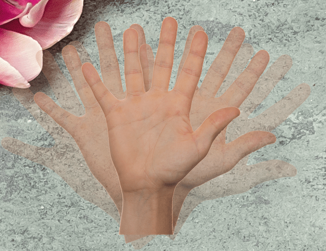 Hand waving drawing over a background of a grey background and a flower