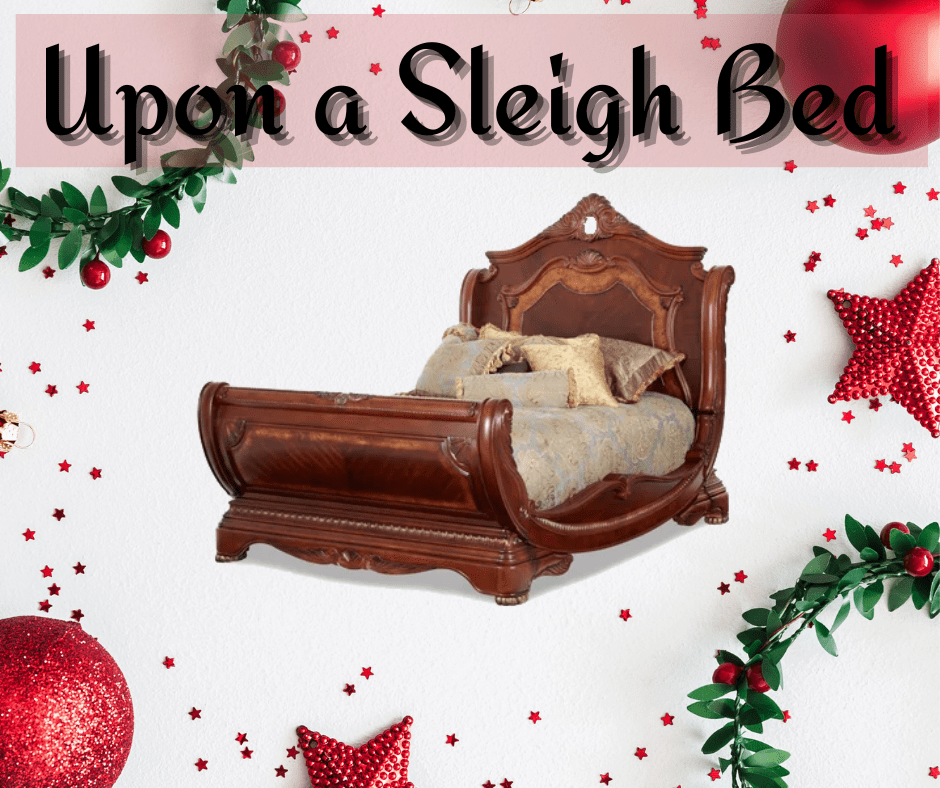 A wooden sleigh bed with a festive Christmas background
