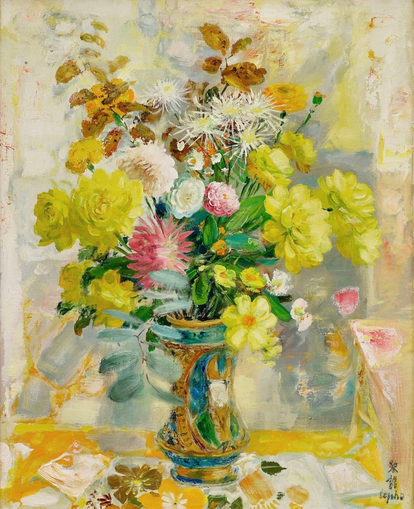 An oil painting of yellow roses in full bloom with various other flowers of pink and white with green leaves in a vase.