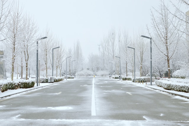 A snowy street with snow covered street lamps
