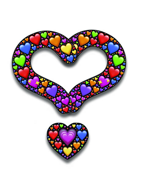 Two question marks with different colored hearts inside combined to make a heart shape