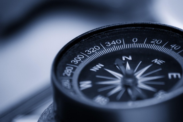 A compass pointing north in black & white.